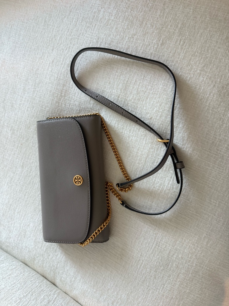 Tory Burch Taupe Gray Crossbody With Gold Chain